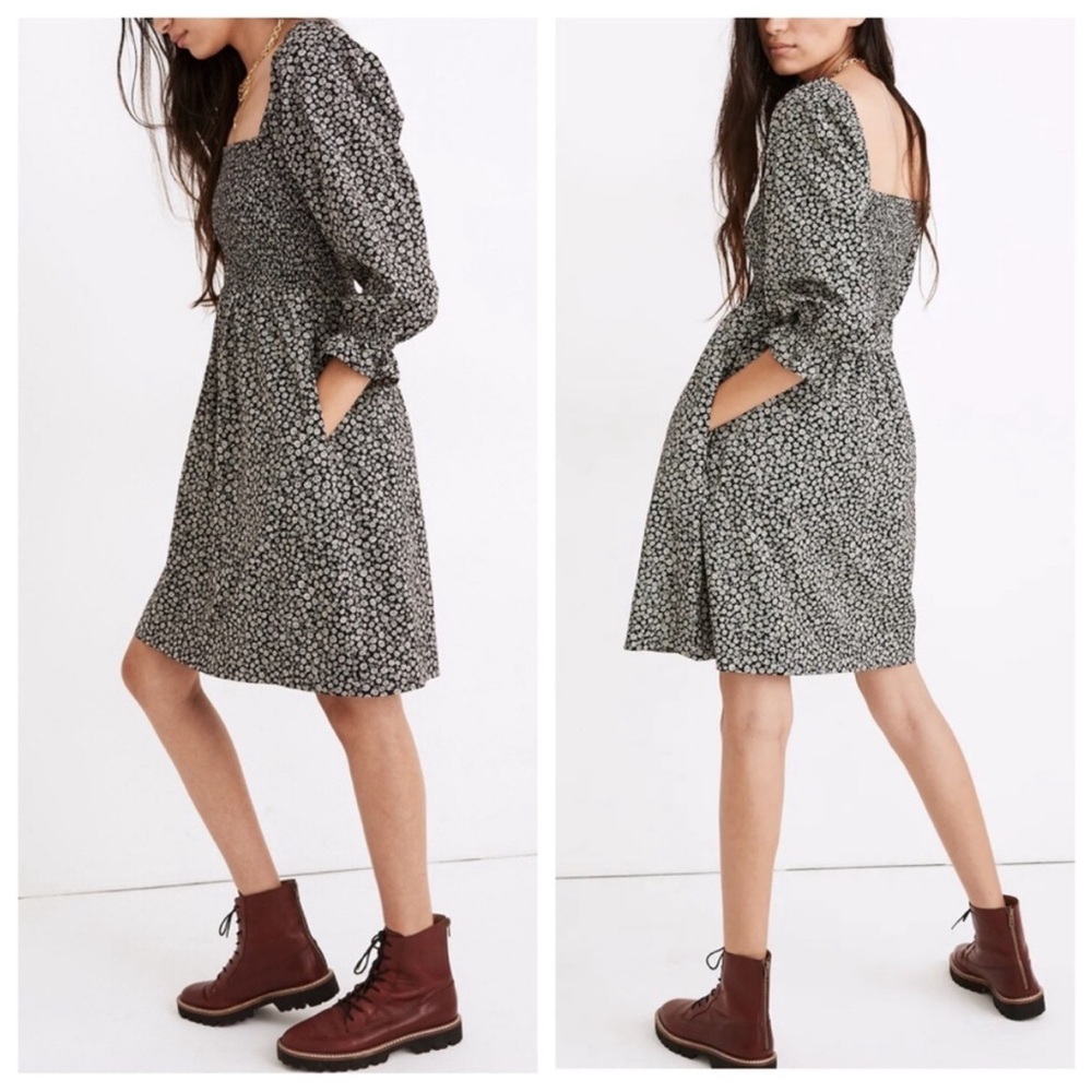 Madewell Lucie Elbow-Sleeve Smocked Mini Dress in Parisian Ditsy Black Size M